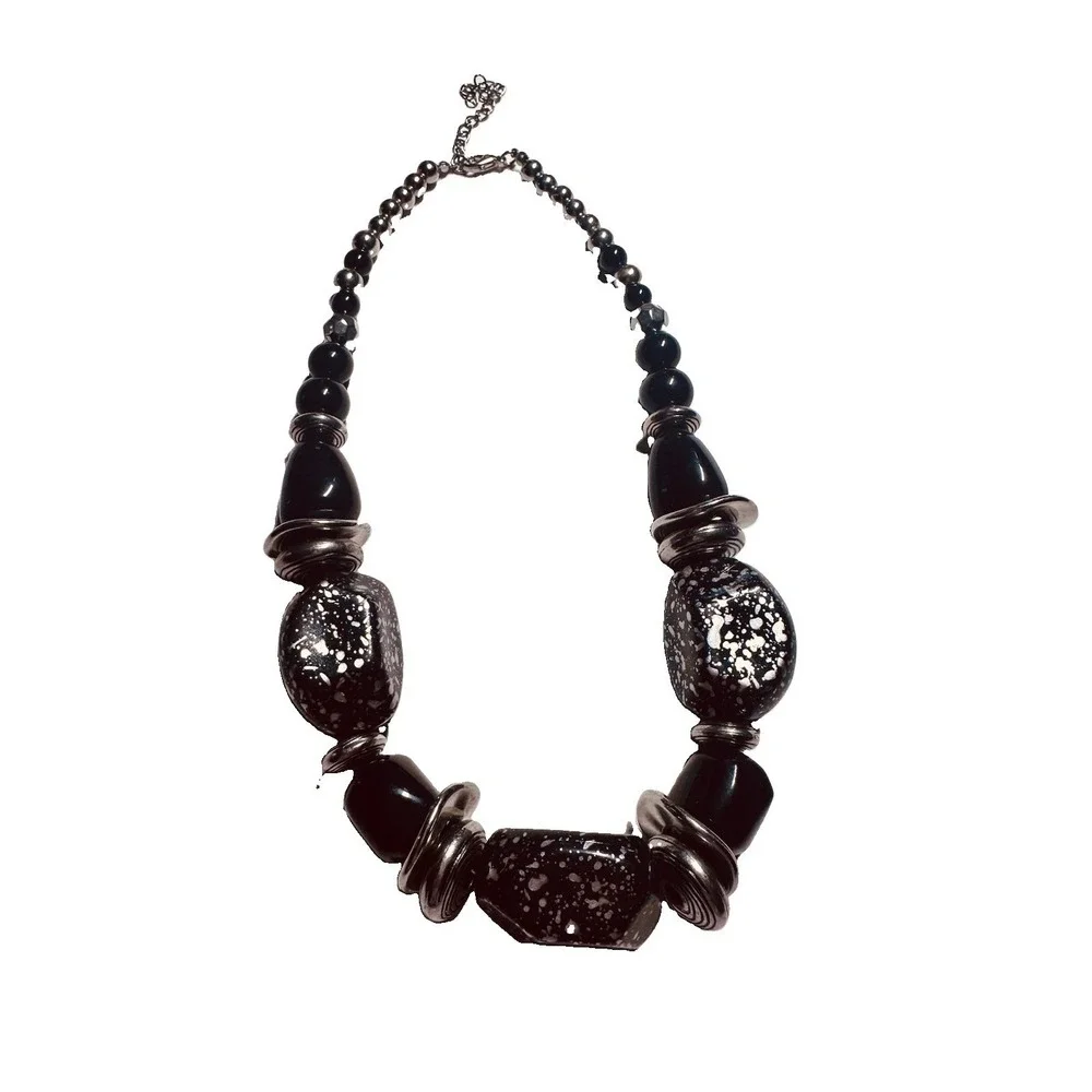 Statement Necklace Women OS Black Silver Speckled Chunky Bib Excellent